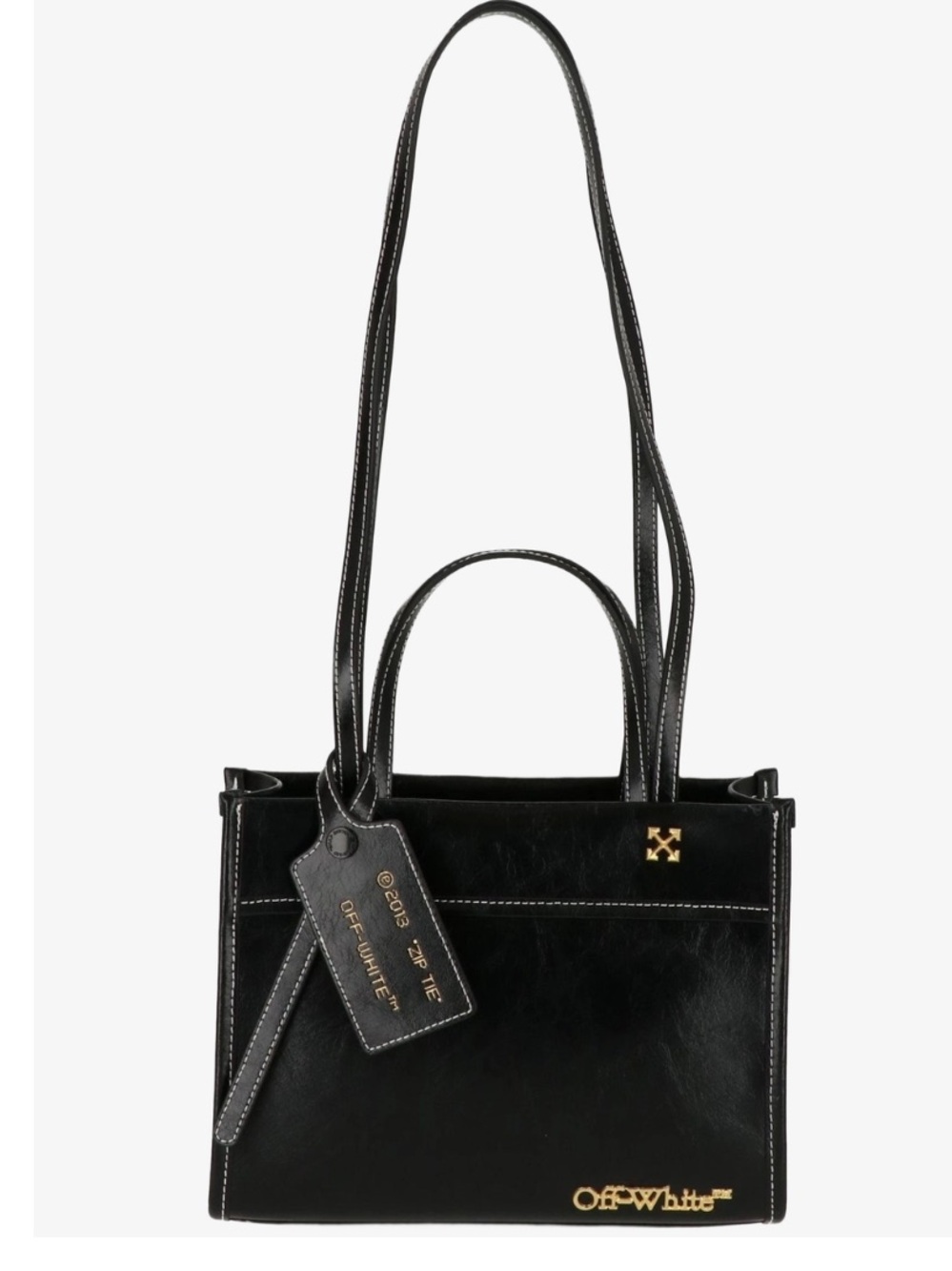 Off-White Black Leather Satchel with Gold Logo Accents
